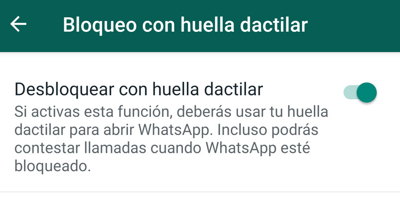 Bloqueo huella dactilar WhatsApp